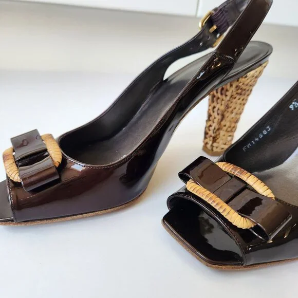 Stuart Weitzman Brown Patent Leather Slingback Heels Woven Block Heel Bows 9.5 M - Picture 7 of 15